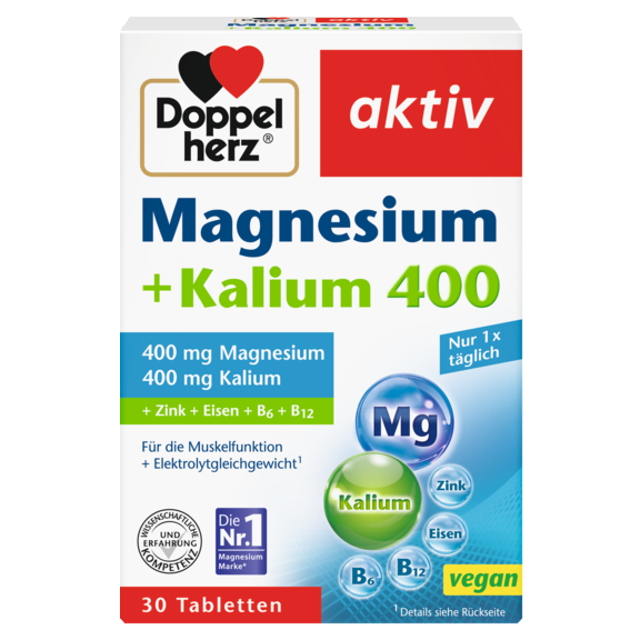Abbildung der Produktverpackung Doppelherz aktiv Magnesium + Kalium 400 Frontansicht