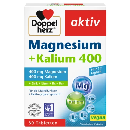 Abbildung der Produktverpackung Doppelherz aktiv Magnesium + Kalium 400 Frontansicht