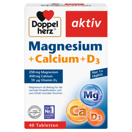 Abbildung der Produktverpackung Doppelherz aktiv Magnesium + Calcium + D3 Frontansicht