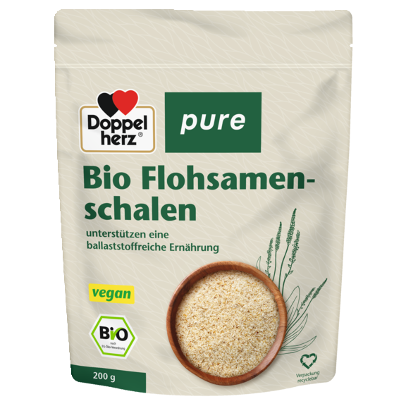 Abbildung der Produktverpackung Doppelherz pure Bio Flohsamenschalen Frontansicht