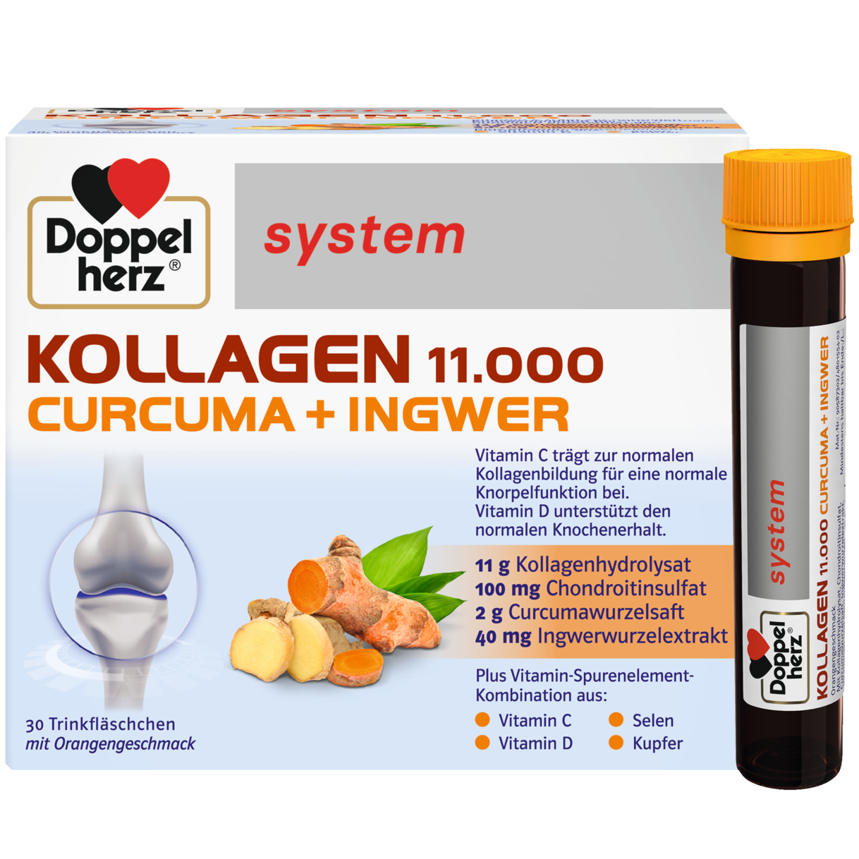 Abbildung der Produktverpackung Doppelherz system KOLLAGEN 11.000 CURCUMA + INGWER Frontansicht