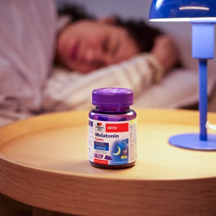 Doppelherz Melatonin Gums Produkt auf Nachttisch 