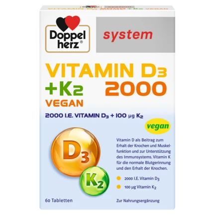 Doppelherz system VITAMIN D3 2000 + K2 VEGAN Frontansicht