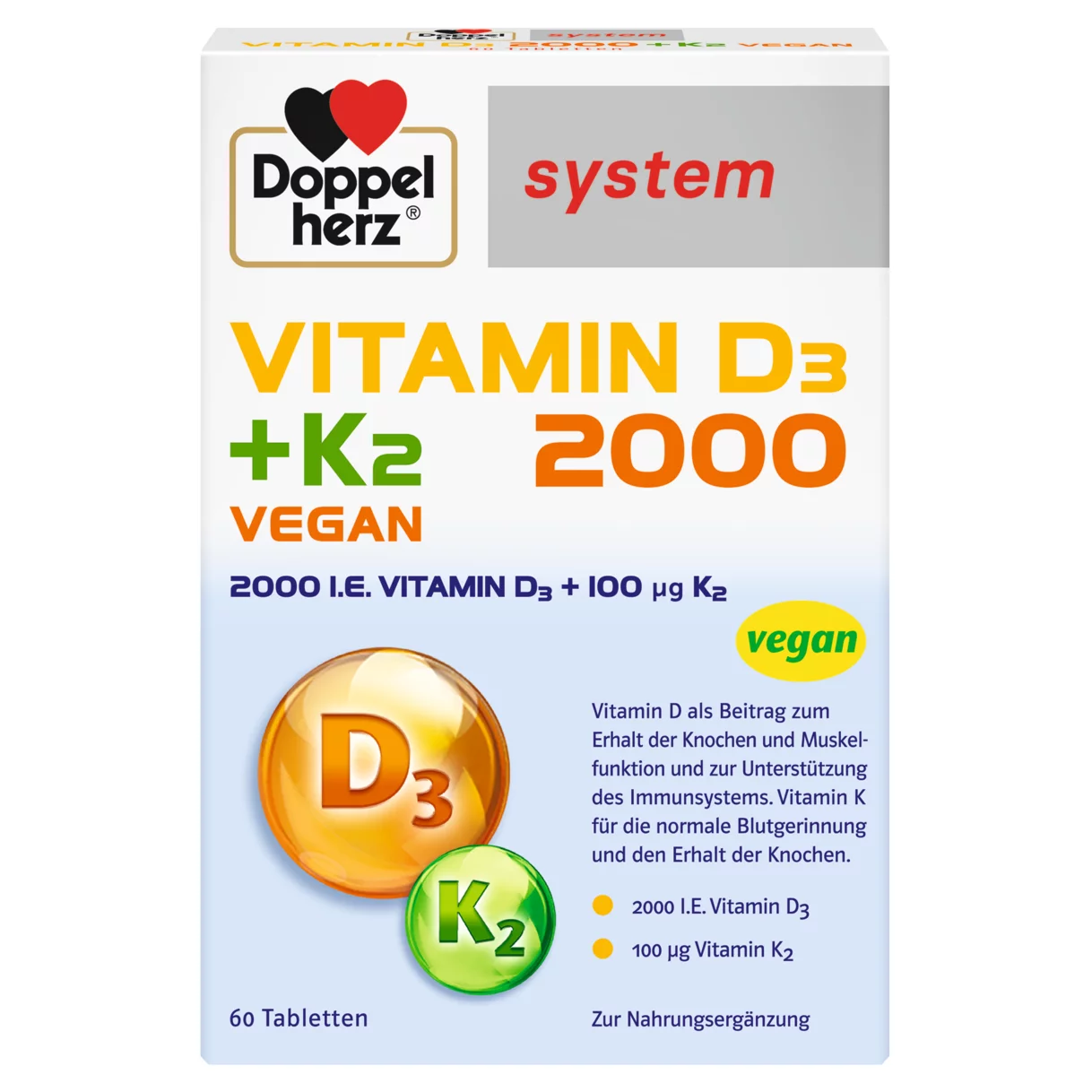 Doppelherz system VITAMIN D3 2000 + K2 VEGAN Frontansicht