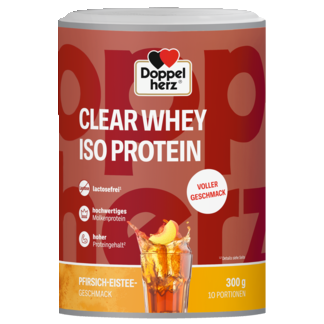 Abbildung der Produktverpackung Doppelherz CLEAR WHEY ISO PROTEIN Pfirsich-Eistee Frontansicht