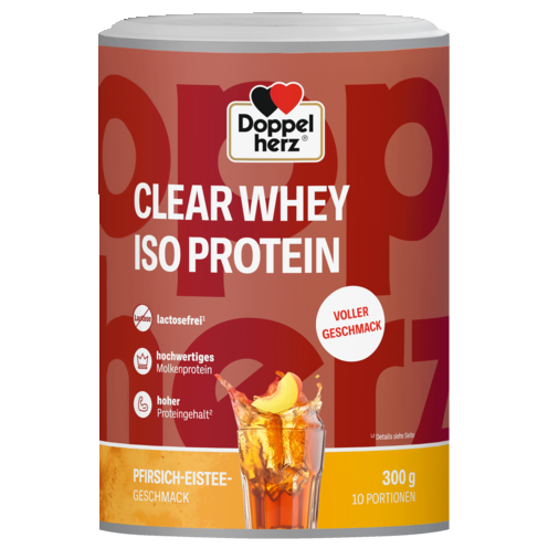Abbildung der Produktverpackung  Doppelherz CLEAR WHEY ISO PROTEIN Pfirsich-Eistee Frontansicht