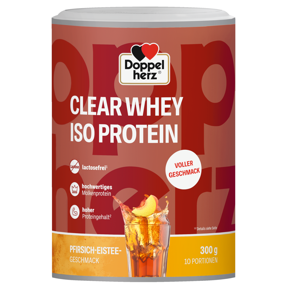 Abbildung der Produktverpackung  Doppelherz CLEAR WHEY ISO PROTEIN Pfirsich-Eistee Frontansicht