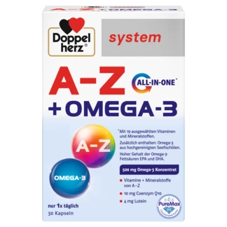 Doppelherz system A-Z + OMEGA-3 Prednji pogled Retuširani prednji pogled Zadnji pogled Pogled sa leve strane Pogled sa desne strane