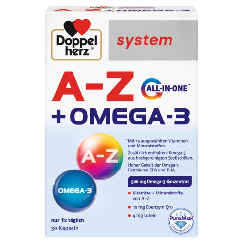 Doppelherz system A-Z + OMEGA-3 Prednji pogled Retuširani prednji pogled Zadnji pogled Pogled sa leve strane Pogled sa desne strane