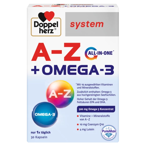 Doppelherz system A-Z + OMEGA-3 Prednji pogled Retuširani prednji pogled Zadnji pogled Pogled sa leve strane Pogled sa desne strane