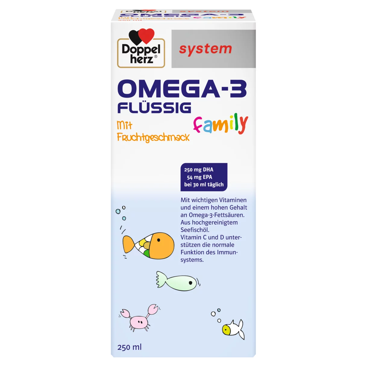 Doppelherz system OMEGA-3 family FLÜSSIG Frontansicht