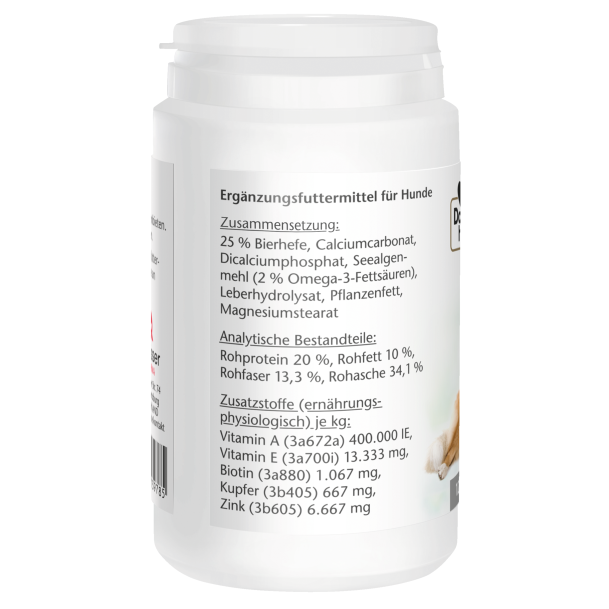 Abbildung der Produktverpackung Doppelherz für Tiere Biotin Plus für Hunde Seitenansicht links