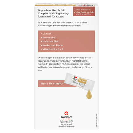 Abbildung der Produktverpackung Doppelherz für Tiere Haut & Fell Complex für Katzen Rückansicht