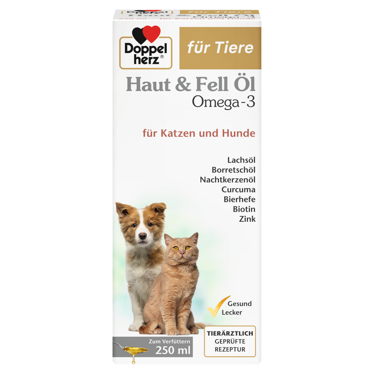 Abbildung der Produktverpackung Doppelherz für Tiere Haut & Fell Öl Omega-3 für Katzen und Hunde Frontansicht